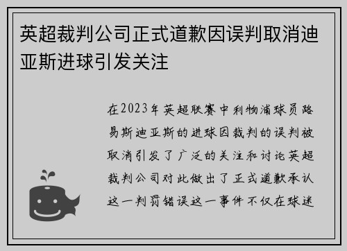 英超裁判公司正式道歉因误判取消迪亚斯进球引发关注